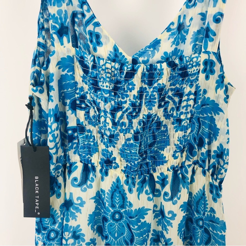 NWT Black Tape‎ Blue Damask Printed Leg Slit V-Neck Sundress Maxi Midi Dress - Picture 7 of 8